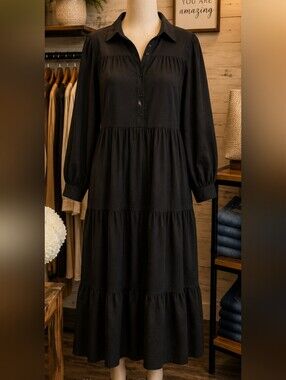 SHEIN Black Tiered Long Sleeve Maxi Dress Pit 25 No Pockets